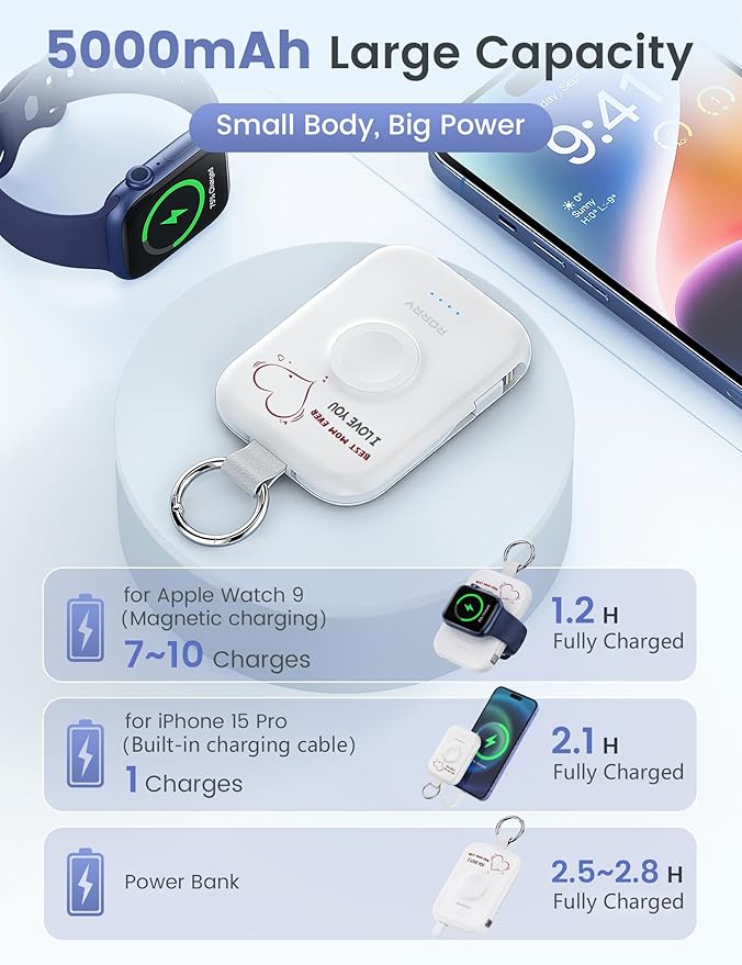 RORRY CharmGo Portable Charger, 5000mAh Portable Charger Power Bank with Built-in Cables, Travel Keychain Battery Pack for Apple Watch and iPhone Air/17/16/15/14/13/12, Mom-White