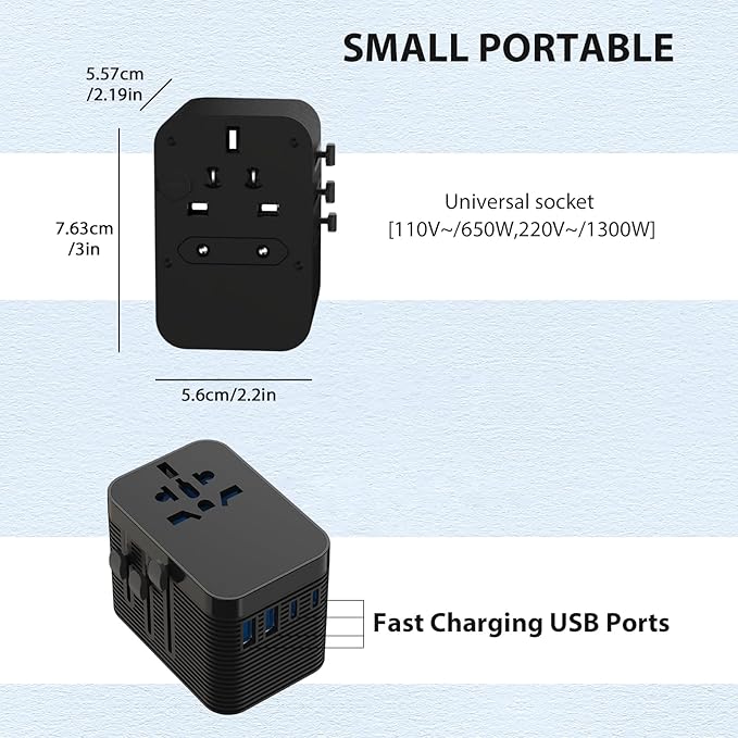 Universal Travel Adapter, European Travel Plug Adapter 5-in-1 PD Fast Charging with Surge Protection & Fuse, International Power Adapter for US EU UK AU - Black