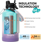Swigina [2-IN-1 LID] 64 oz Insulated Water Bottle with Silicone Boot (48hrs Cold/24hrs Hot) - DIY Stickers, Leakproof, BPA Free, Half Gallon