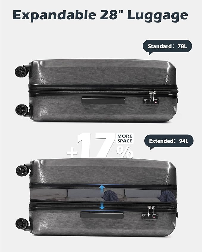 Coolife Luggage PC+ABS Expandable Hardshell Suitcase with TSA Lock, Spinner Checked Lightweight (navy, L(28IN))