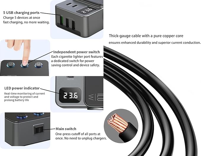 8 in 1 Cigarette Lighter Splitter, 3 Socket Car Charger Adapter, Type-C QC3.0 PD35W 5 USB C/A Fast Charging Port,12V/24V Input 120W Outlet with Built-in Protecter, Zero Risk to Car Battery & Devices