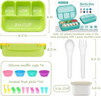QQKO Bento Box for Kids Adults, School Toddler Lunch Box for Boys Girls, Lunch Box Containers with 4 Compartments, Sauce Container, Utensils, Food Picks and Muffin Cups for School, Pink Yellow Green