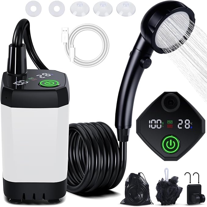 Portable Shower for Camping, [Long-Lasting] Spopal 6000mAh Rechargeable Camping Shower with Intelligent LED Display, 4 Spray Modes, IPX7 Waterproof Outdoor Camp Pump for Hiking, Travel, Car, Pet