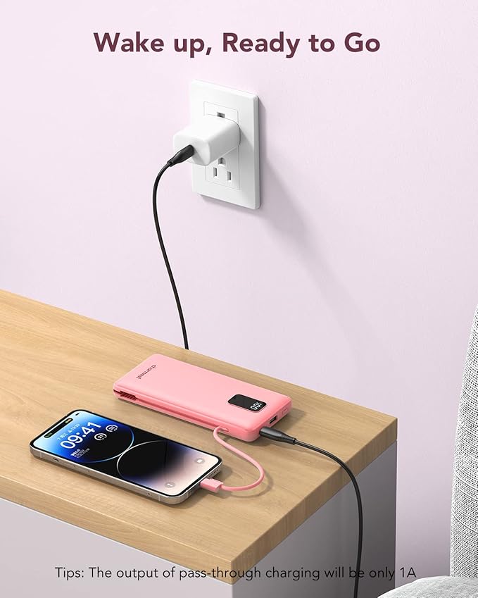 charmast Portable Charger with Built-in Cables and Wall Plug, 10000mAh USB C Portable Power Bank, Potable Phone Charger, Travel Essentials Compatible with iPhones, Samsung Galaxy, iPad