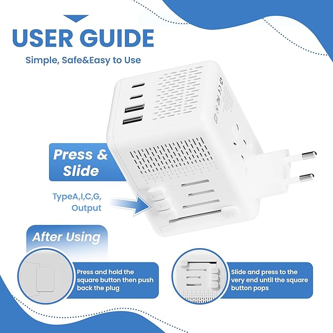 Power Converter Adapter Combo, Specially for Hair Dryers, 220v to 110v Voltage Converter with AC Socket, 2 USB C & 2 USB A Ports, Compact Voltage Converter US to Europe (White)