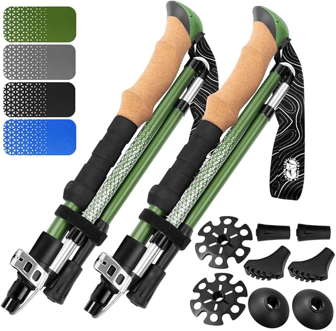 Premium Foldable Hiking Poles by USA Brand - Adjustable, Lightweight Trekking Poles Made of Aircraft Aluminum, Metal Locks Cork EVA Grips