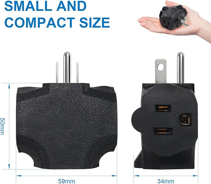 EXTRASTAR 3 Outlet Extender, Heavy Duty Grounded Wall Tab, T-Shaped Adapter, 3 Way Plug, ETL Listed Power Splitter, 4 Pack, Black