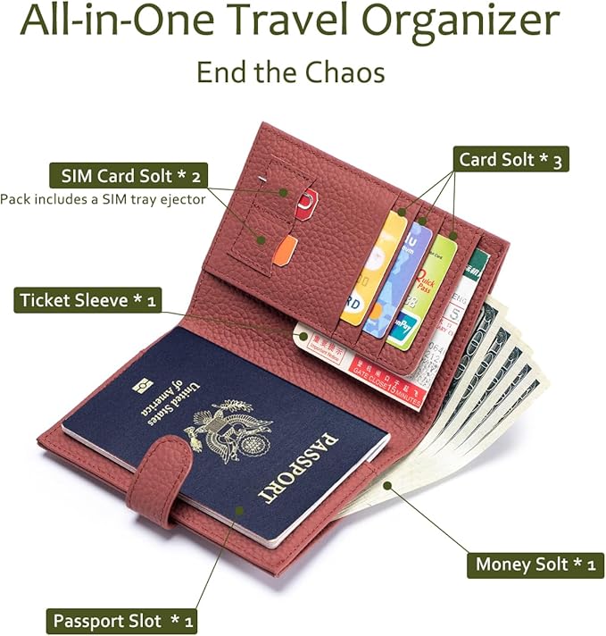 Slim RFID Passport Wallet for Women – Leather Travel Wallet Womens with Passport Slot & Card Slots, Zippered Coin Pocket & Cash Holder Travel Organizer Burnt Sienna (Brick Red)