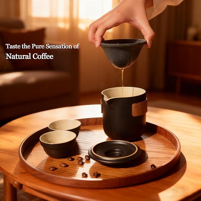 Pour Over Coffee Maker - All-Ceramic Drip Set, Single Serve Coffee Maker with Pour Over Dripper, Reusable Ceramic Filter & Carafe, Portable Travel Drip Kit Valentines Day Gifts for Him