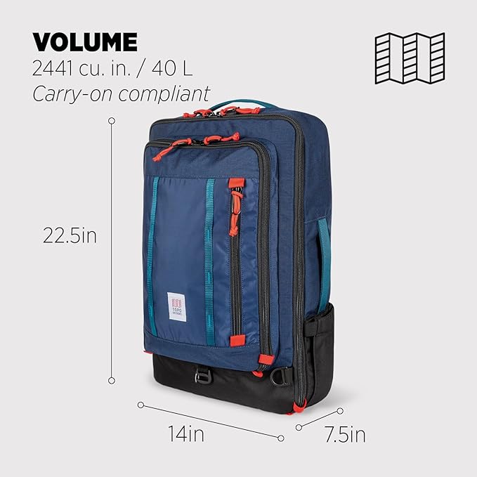 Topo Designs Global Travel Bag – 30L or 40L - Carry-On Compliant Most Airlines, Durable Travel Duffel Bag, Clam Shell Main Pocket, Laptop Sleeve, Backpack, Sling, Luggage (40L / Navy)