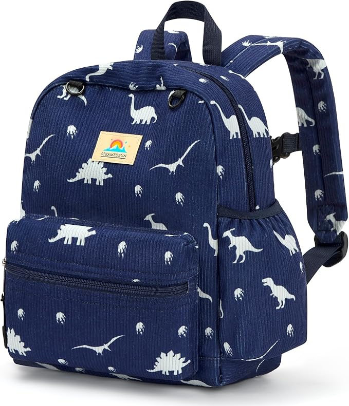 STEAMEDBUN Corduroy Toddler Backpack for Boys 2-4: Kids backpack for Boys Girls - 12 inch Preschool Kindergarten Backpacks - Dinosaur