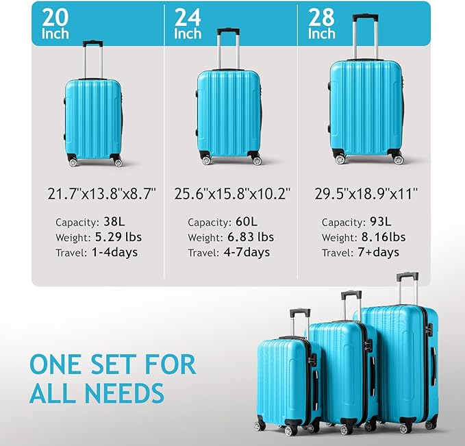 3 Piece Luggage Sets, Lightweight ABS Suitcase with 4 Spinner Wheels ＆ TSA Locks, Hardside Carry On Luggage Durable Suitcase Set for Family Travel Business - Blue, 20/24/28