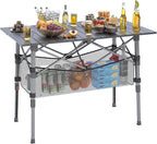 Portable Camping Table with Adjustable Height Legs, Lightweight Aluminum Roll-up beach tables for sand foldable，Folding Picnic Table Large Storage Basket for Outdoor camping (Black, Medium 37")