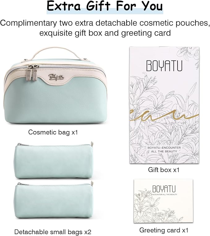 BOYATU Travel Makeup Bag Organizer Cosmetic Bag: 3 Pcs Set Make up Bags for Women with Handle - Waterproof Vegan Leather Toiletry Bags Travel Essentials Pouch with Compartments (A-06-Blue)