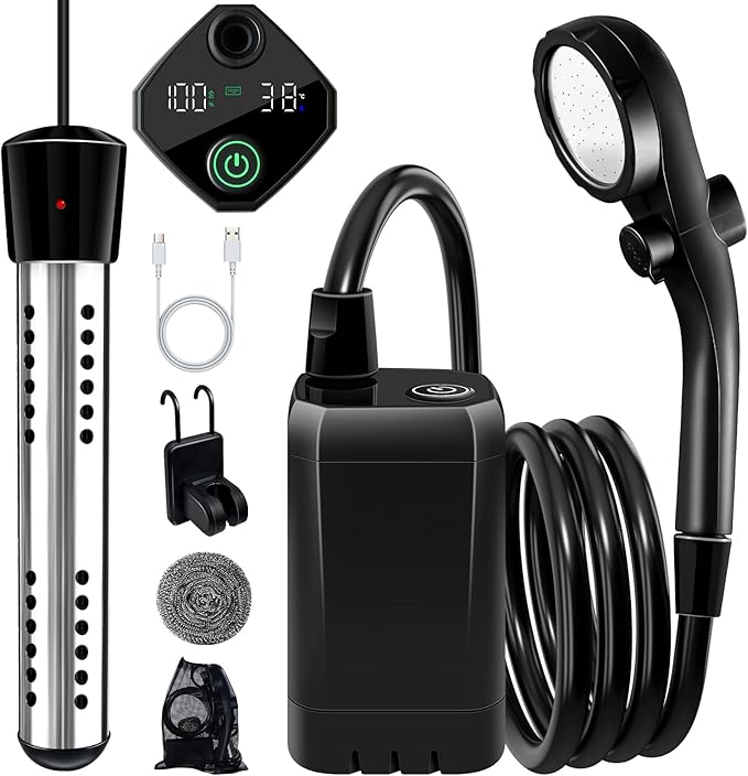 Portable Shower with Heater,6000Mah Battery Powered Portable Shower for Camping with 2000W Auto-Off Heater,Portable Heated Shower for Camping,Digital Power&Temperature Display for Hiking
