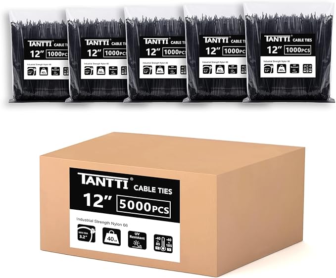 Zip Ties 12 inch, Black Zip Ties 5000 pack, 40lb, Cable Ties, Self-locking Wire ties for indoor and outdoor use, by Tantti