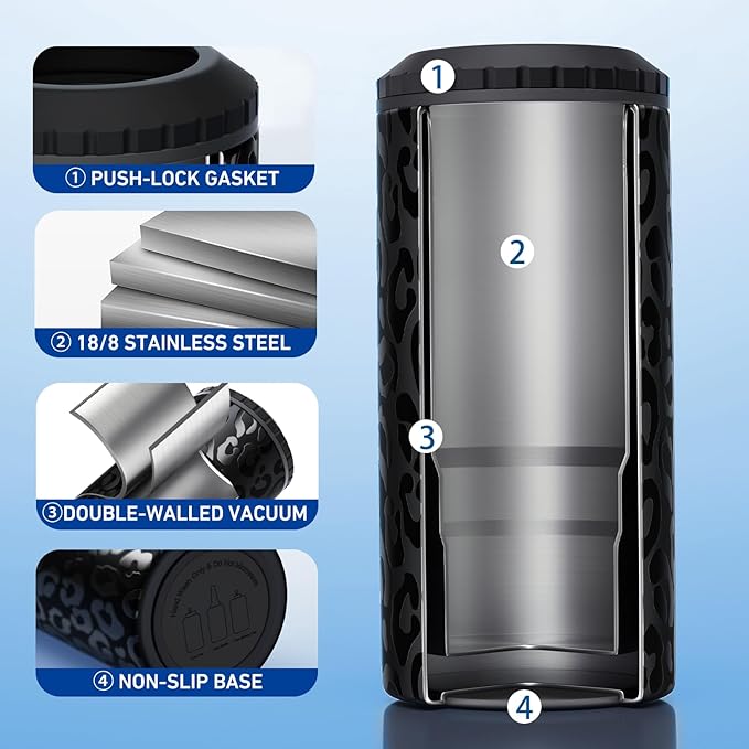 3 in 1 Slim Can Cooler for 12 OZ Skinny Can, Regular Can & Beer Bottle - Keep Cold for 6 Hours - Double Walled Insulated Stainless Steel Vacuum Beverage Can Insulator (Black Leopard)