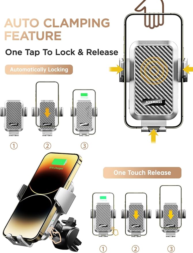 JOYMASS Wireless Car Charger, 15W Fast Charging Auto Clamping Car Charger Cell Phone Holder Mount Vent for iPhone 15 14 13 12 Mini Pro Max, Samsung Galaxy S24 Ultra S23 S22 S21+ Note 20, etc - Silver