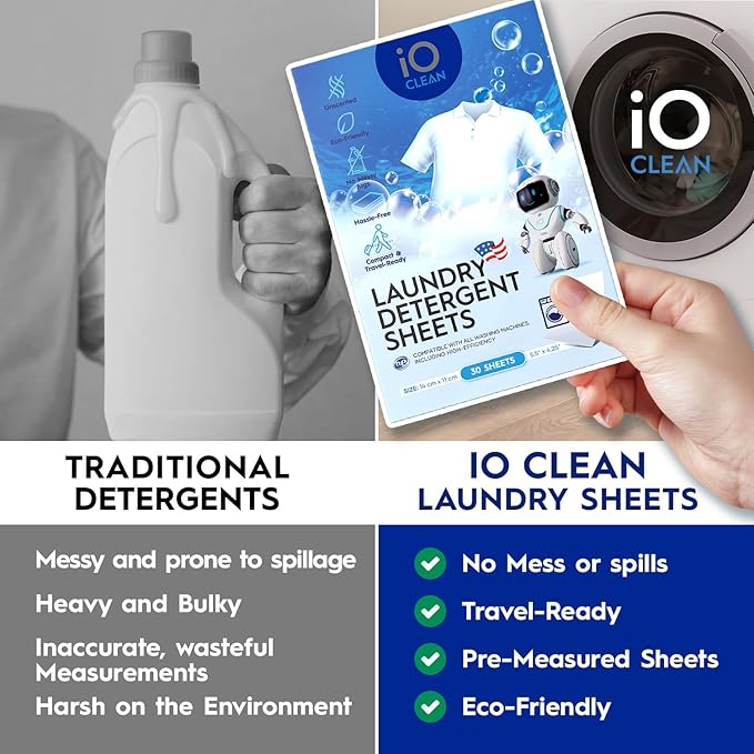 iO CLEAN Laundry Detergent Sheets Unscented, 30 Count – Hypoallergenic Laundry Soap Sheets for Sensitive Skin – Travel Friendly Washing Detergent Sheets for HE & Standard Washers
