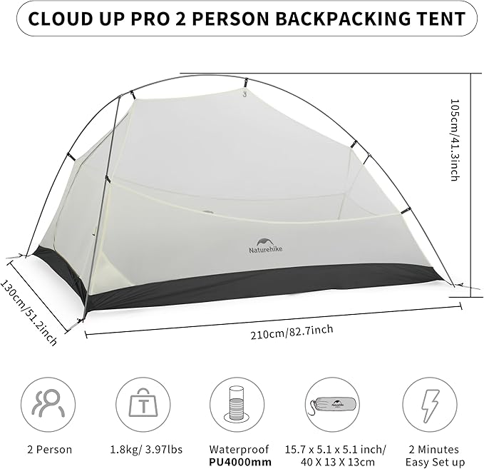 Naturehike Cloud-Up Tent Lightweight Backpacking Tent with Footprint - Free Standing Ultralight Camping Hiking Backpack Tents