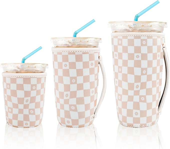 KJQJLY 3 Pack Reusable Iced Coffee Sleeves for Iced Coffee Cups or Drinks Reusable Neoprene Insulated Sleeves for Hot and Cold Drinks from Starbucks, Dunkin, And More (Floral Checkers)