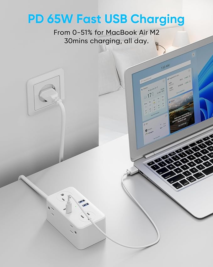 Kakyanill European Travel Plug Adapter, EU/UK/US Travel Adapter Power Strip, 6 AC Outlets, 65W USB C Power Delivery, 3ft Wrapped Around Extension Cord, Compact for Travel