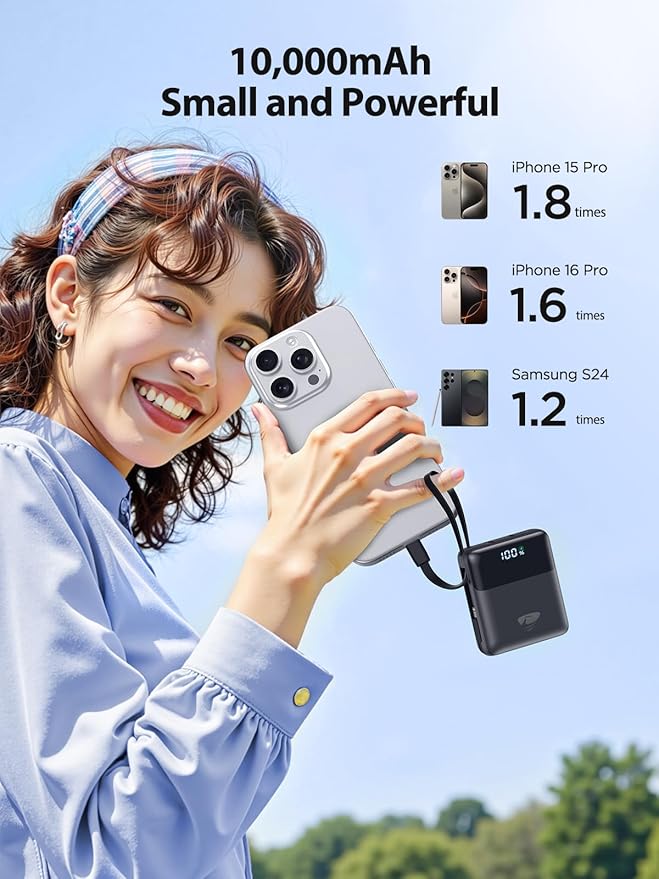 Portable Charger 10000mAh Power Bank Fast Charging, 22.5W USB C Battery Pack with Built-in Cables, Small Portable Charger Travel Essentials Power Bank for iPhone 17 16 15 14, Samsung, iPad, Android