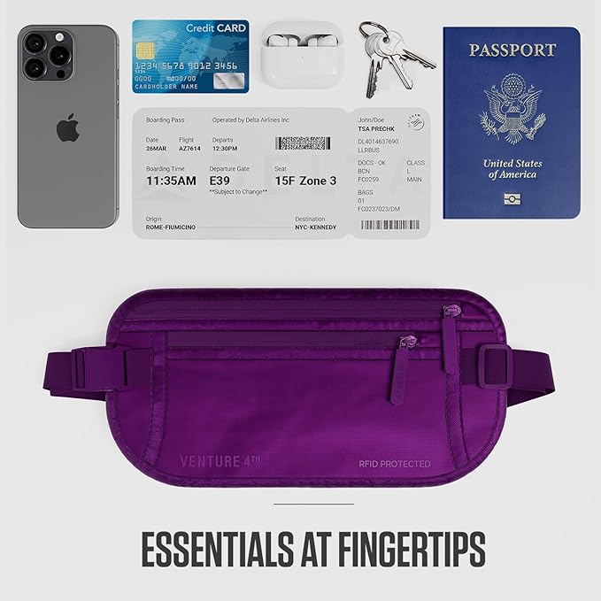 VENTURE 4TH Money Belt for Travel – Slim Hidden Under-Clothes RFID Blocking Anti-Theft Passport Holder & Travel Wallet Pouch for Men & Women to Protect Cash, Cards & Documents (Sleek Purple)