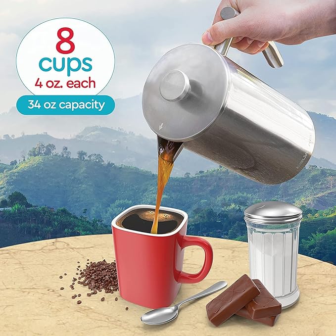 French Press Coffee Maker 34oz (1 Liter) - 304 Stainless Steel Insulated Coffee Press Maker, Double Wall Thermal, 4-Level Filtration, Includes 2 Extra Filters, Rust Resistant, Dishwasher Safe, Silver