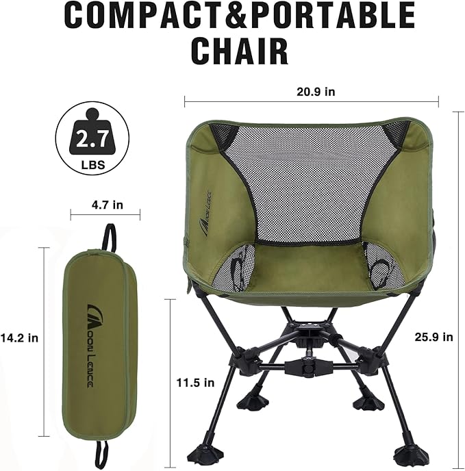 MOON LENCE Portable Camping Chair，Lightweight Backpacking Hiking Chairs,Compact,Foldable,with Anti-Sinking Large Feet for Beach,330 lbs Capacity (Green, Standard)