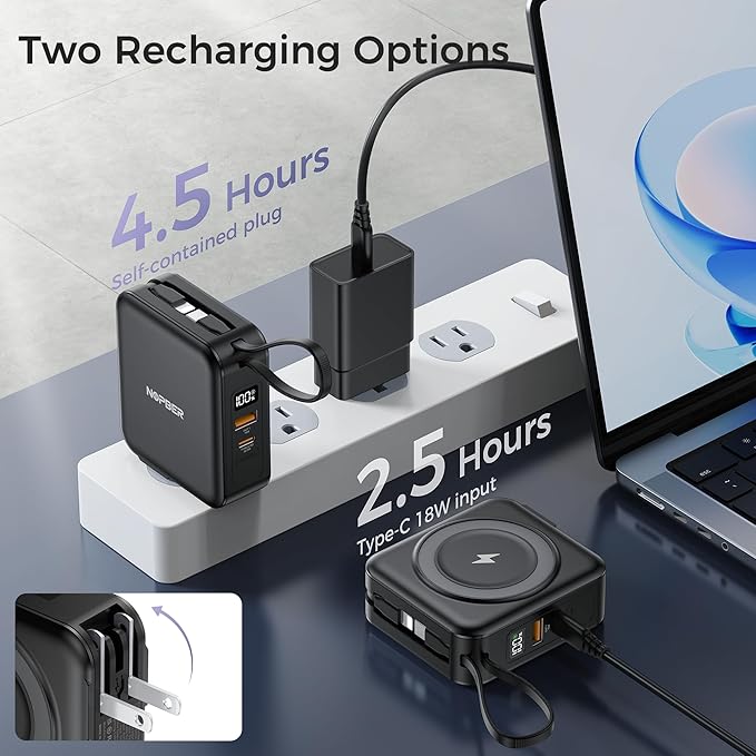 6-in-1 Magnetic Portable Charger 10000mAh – 22.5W Fast Charging with AC Wall Plug Built-in USB-C & Lightning Cables for iPhone 17/16/15/14/13/12, Android & Samsung (Black)