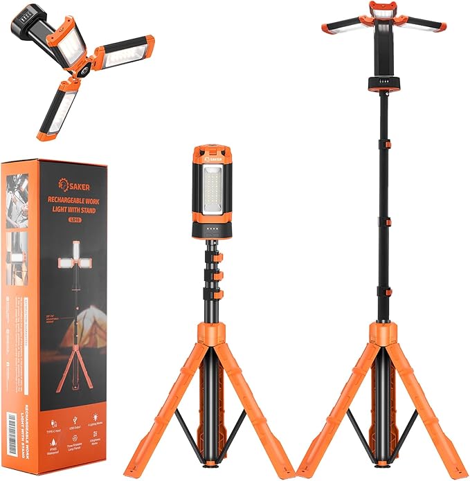Saker Portable Camping Light with Stand 12000mAh 73.2" Rechargeable Work Light 3200 Lumen Camp Lanterns with Bag for Garage, Outdoor Work, Emergency Power Outages, Fishing LD10 Orange