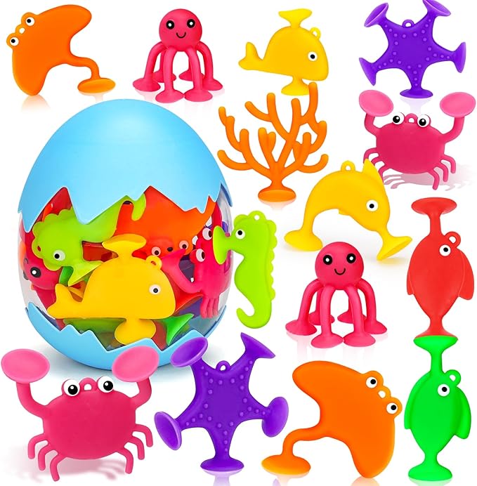 Toddler Suction Cup Bath Toys, Ocean Animal Bath Water Toys for Kids Ages 3-5 4-8 No Hole Mold Free Bathtub Car Airplane Window Toys Travel Trip Essentials for 3 4 5 Year Old Boy Girl Birthday Gift