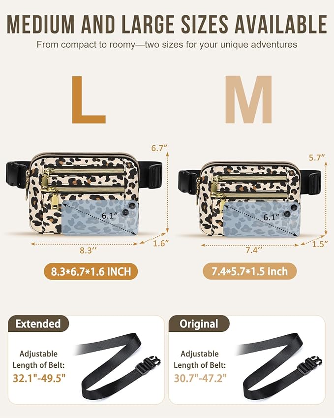 Capolo Fanny Packs for Women Fashion Waist Packs Bag with Adjustable Strap and 4 Zipper Pockets Waterproof Everywhere Crossbody Belt Bag for Workout Running Travelling(Leopard, Large)
