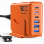 Charging Station for iPhone 17, 165W GaN 6-Port USB C Fast Charger Block, 3 Type-C Each 40W Desktop Charging Hub for Multiple Devices, 5ft Cord - Ideal for Home Office Travel Orange