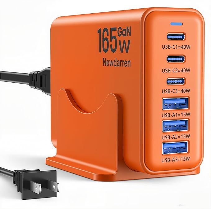 Charging Station for iPhone 17, 165W GaN 6-Port USB C Fast Charger Block, 3 Type-C Each 40W Desktop Charging Hub for Multiple Devices, 5ft Cord - Ideal for Home Office Travel Orange