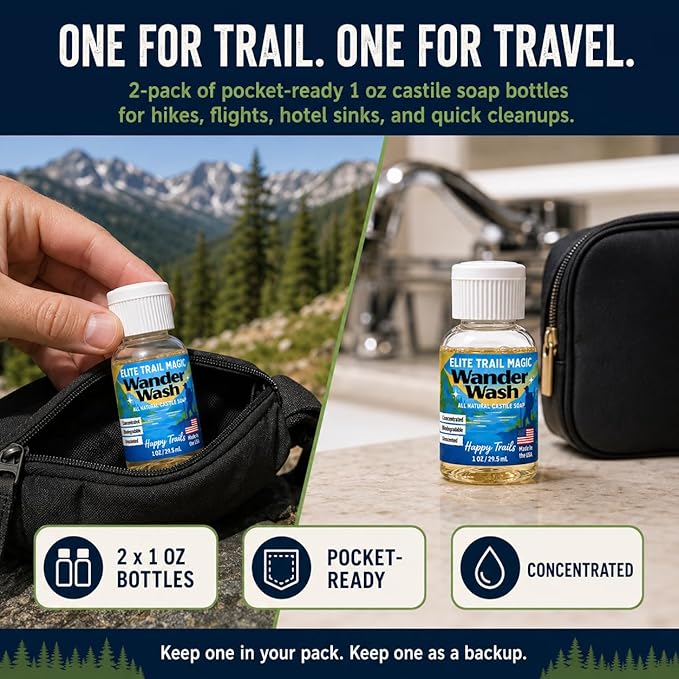 Elite Trail Magic- 2 pack- Made In USA- Wander Wash Biodegradable Castile Soap – Ultralight (2) 1 oz Concentrated Liquid Soap for Camping -Travel & Backpacking – All Purpose, Unscented (2)