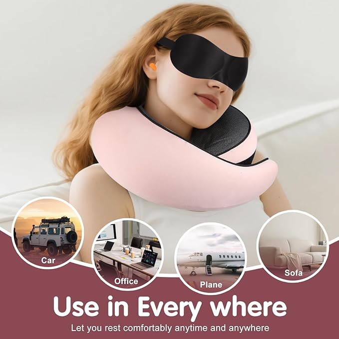 Travel Neck Pillow, Memory Foam Neck Support for Airplane, Car & Office, Breathable Portable Design with Eye Mask, Earplug Holder & Carry Bag, for Women&Men