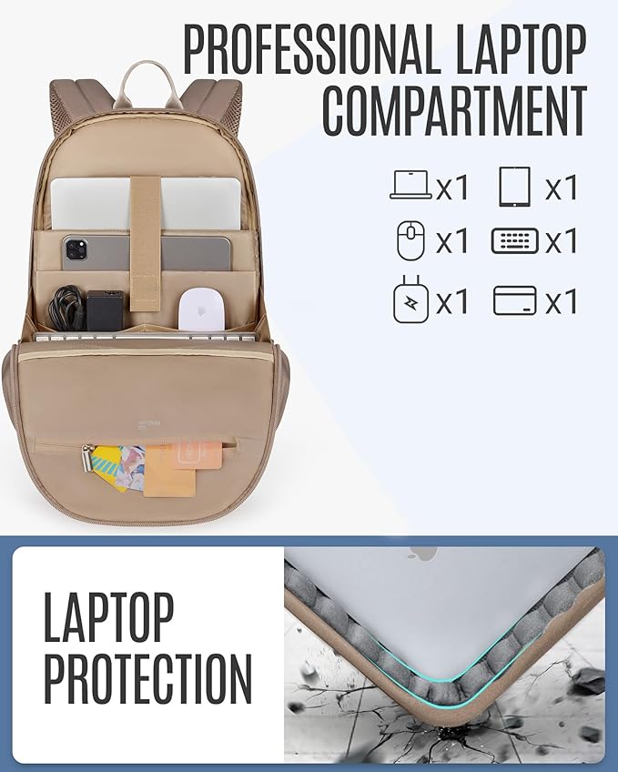 LIGHT FLIGHT Travel Laptop Backpack Women, 15.6 Inch Laptop Backpack with USB Charging Hole, Water Resistant College Bookbag, Black Computer Backpacks for Work, Champagne