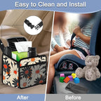 Car Backseat Organizer, PU Leather Back of Seat Cars Hanging Organizer with Pockets Leakproof Car Garbage Bag Hanging Cars Seat Storage Box Travel Accessories Foldable (Flower Orange)