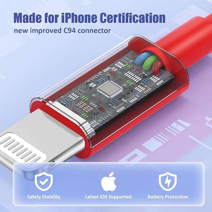 4Pack USB C to Lightning Cable 6FT, Fast Charging Cord for iPhone 14, Replacement for Apple Original Charger Cable for iPhone 14 13 12 11 Pro 11 XS MAX XR 8 7 6s Plus-Red