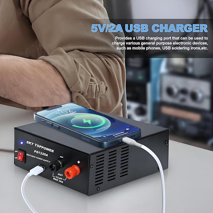 13.8V 30A DC Power Supply for Ham Radio,30 Amp Compact Regulated Bench Power Supply Lab Benchtop AC to DC Converter,Cooling Fan,5V 2A USB Interface,Powering Ham Radio, Amplifiers,SKY TOPPOWER PS1330A