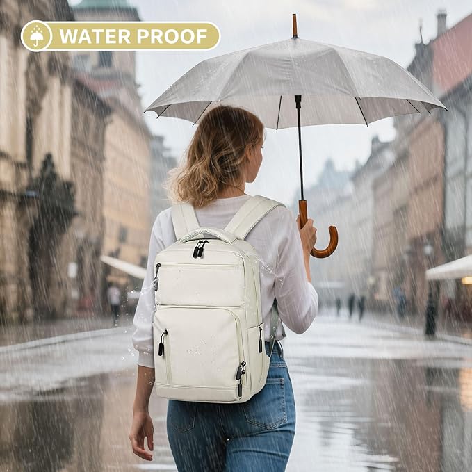 Waterproof Laptop Backpack for Men & Women, Flight Approved Anti-Theft Daypack with 15.6-inch Laptop Sleeve (Beige)