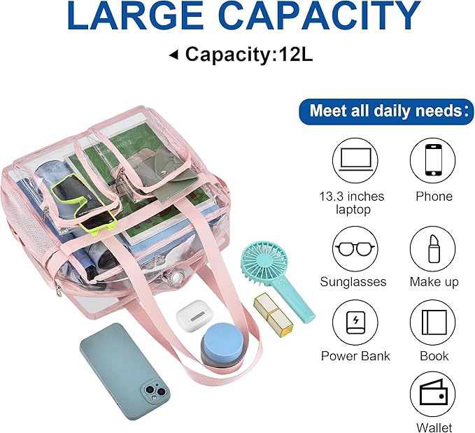 XCU Clear Bag for Stadium Events 12x6x12 Large Clear Tote Bag Transparent Lunch Bag Adjustable Straps for Concert Sports Work