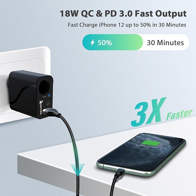 RoyPow AC to DC Converter, 110V/120V to12V Converter, 36W USB C Charger with Car Cigarette Lighter Socket, 3-Ports Wall Charger 18W PD3.0 Travel Plug 110V/120V to 12V/3A Power Adapter for iPhone, iPad