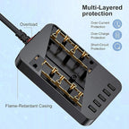 Wall Mount Power Outlet 6 AC Multi-Outlet Extender 5 USB Charging Ports Black Flat Plug 6ft Extension Cord 10A 2500W Compact Plug and Socket Home Office