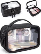 BAGSMART Double Layer Clear Makeup Bag, TSA-Approved Toiletry Bag, Large Opening with Handle, Cute Water-Resistant Travel Cosmetic Bag with Double Zipper for Car Essentials(Black)