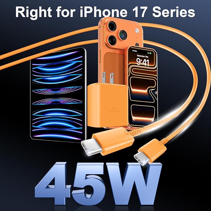 iPhone 17 16 Pro Max Charger Fast Charging, 45W USB C iPhone 17 16 Super Fast Charger Block with 10ft Long Type C Charging Cable Cord for iPhone 17 Pro Max/17 Pro/17 Air/17/16/16Pro-Cosmic Orange