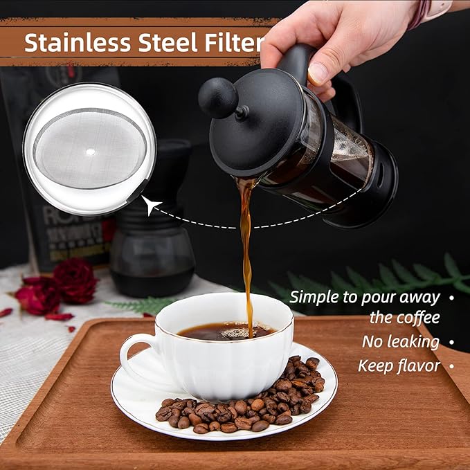 RAINBEAN Mini French Press Coffee Maker, 1 Cup, 12oz, Maximum Flavor Brewer with Stainless Steel Filter, 350ml - Small