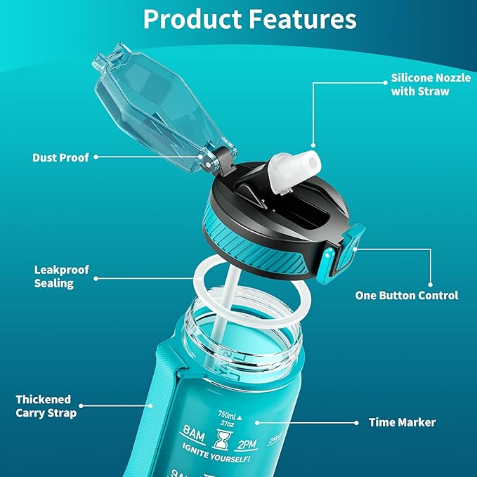 QLUR Water Bottle with Straw, 27oz Motivational Water Bottles with Time Marker to Drink, Tritan BPA Free, 750ml Sports Water Bottle with Carry Strap LeakProof for School Fitness Outdoor (1Pack)